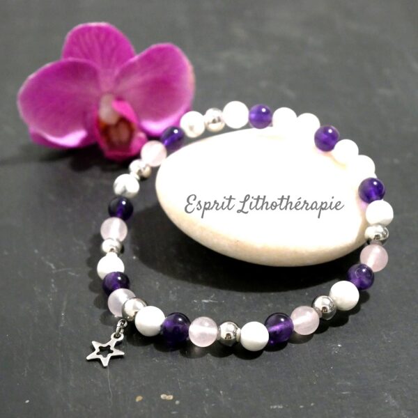 Photo Bracelet Améthyste, Howlite, Quartz rose en pierre naturelle, bijou fait main