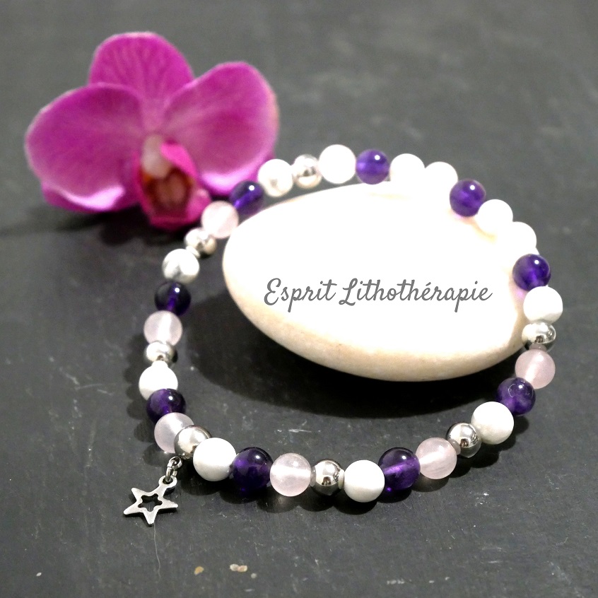 Photo Bracelet Améthyste, Howlite, Quartz rose en pierre naturelle, bijou fait main