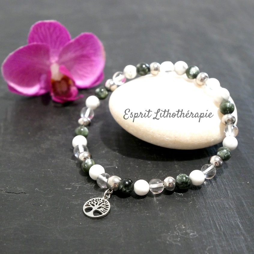 Photo Bracelet Cristal de roche, Howlite, Séraphinite en pierre naturelle, bijou fait main