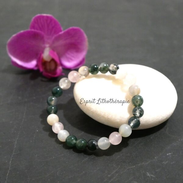 Photo Bracelet Agate mousse, Pierre de lune, Quartz rose en pierre naturelle, bijou fait main
