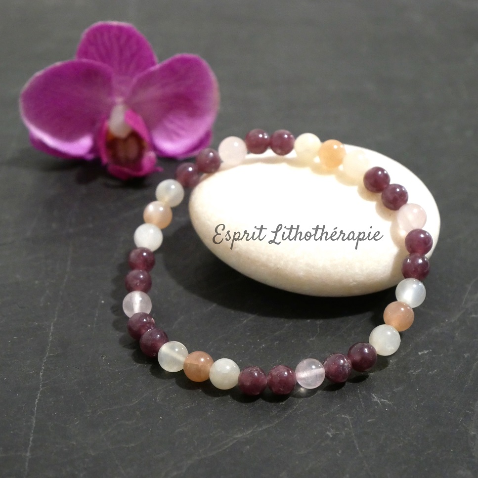 Photo Bracelet lépidolite, Pierre de lune, Quartz rose en pierre naturelle, bijou fait main