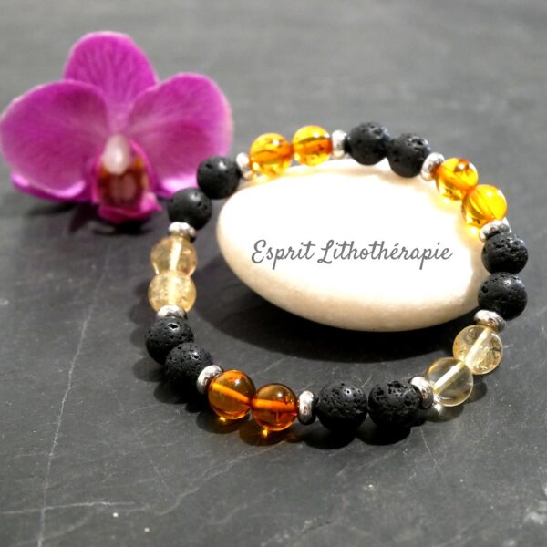 Photo Bracelet Ambre, Citrine, Pierre de lave en pierre naturelle, bijou fait main