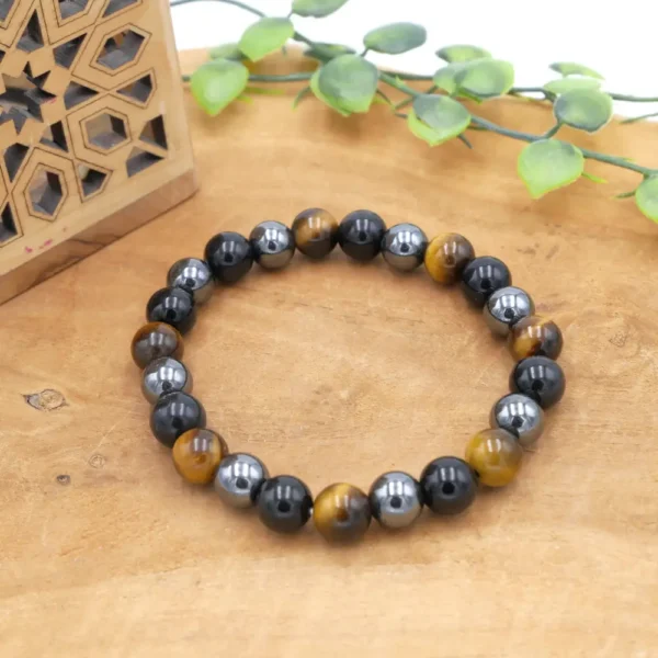 Photo Bracelet Triple Protection: Œil de Tigre, Obsidienne & Hématite en pierre naturelle, bijou fait main