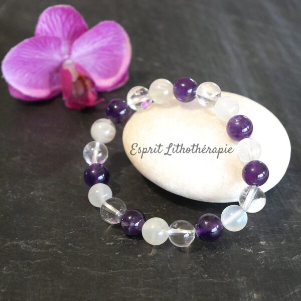 Photo Bracelet Améthyste, Cristal de roche, Pierre de lune en pierre naturelle, bijou fait main