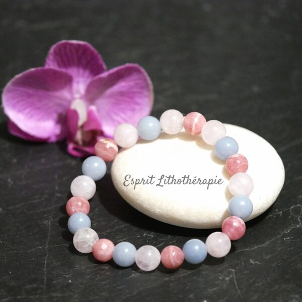Photo Bracelet Angélite, Morganite, Rhodochrosite en pierre naturelle, bijou fait main