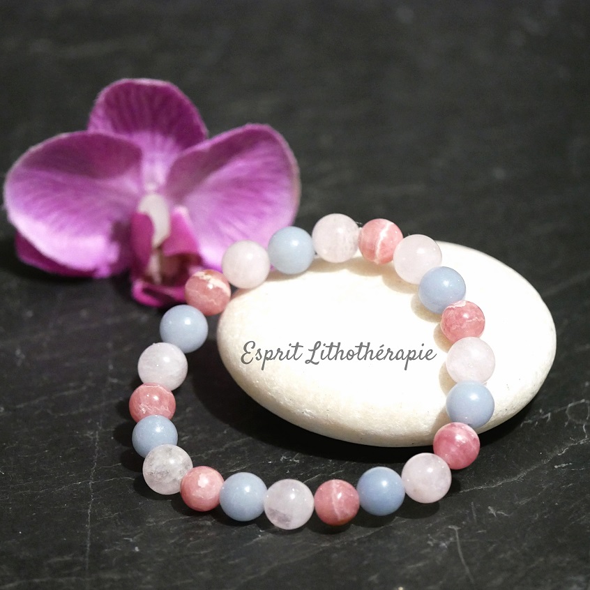 Photo Bracelet Angélite, Morganite, Rhodochrosite en pierre naturelle, bijou fait main