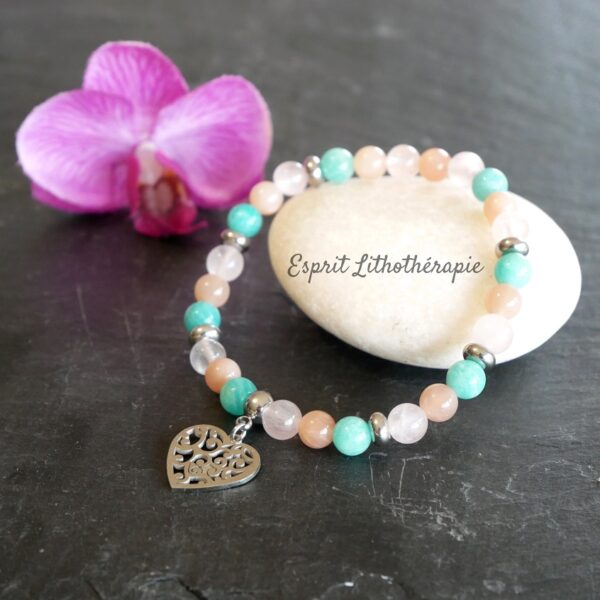 Photo Bracelet Amazonite, Pierre de soleil, Quartz rose en pierre naturelle, bijou fait main