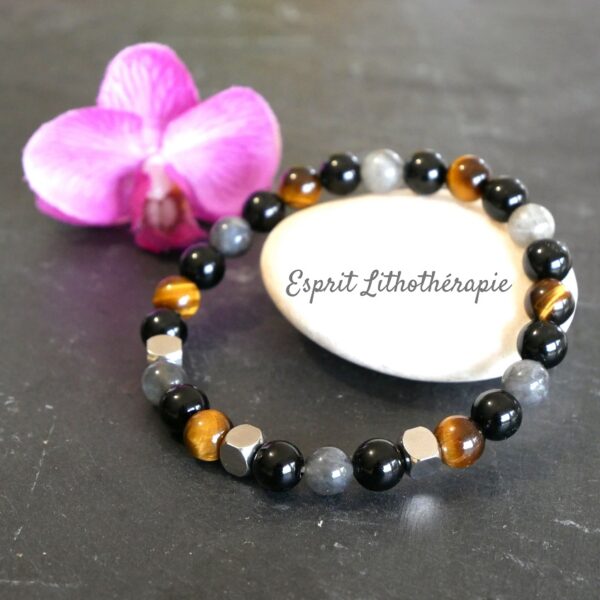 Photo Bracelet Protection: Labradorite, Obsidienne, Œil de Tigre & Inox en pierre naturelle, bijou fait main