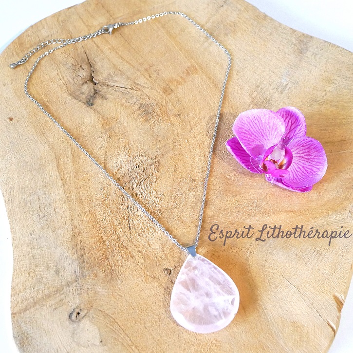 pendentif goutte quartz rose chaine inox