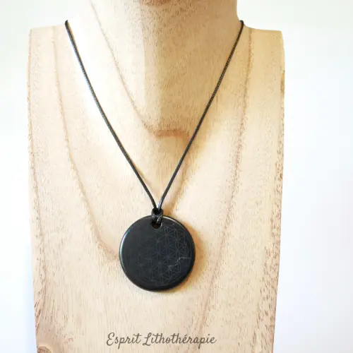 Pendentif Fleur de vie en Shungite naturelle porté sur cordon
