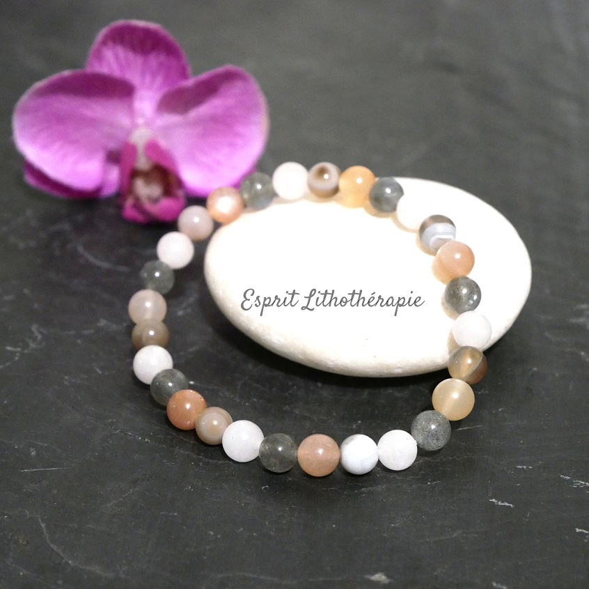 Photo Bracelet Agate du Botswana, Labradorite, Pierre de lune en pierre naturelle, bijou fait main