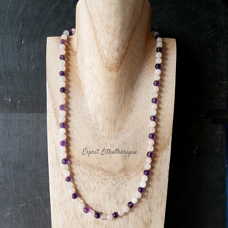 Photo Collier - Améthyste, Pierre de lune, Quartz rose en pierre naturelle, bijou fait main