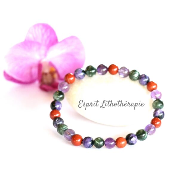 Photo Bracelet Améthyste, Charoite, Jaspe rouge, Séraphinite en pierre naturelle, bijou fait main