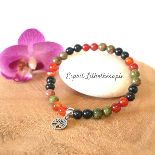 Photo Bracelet Cornaline, Hypersthène, Unakite en pierre naturelle, bijou fait main