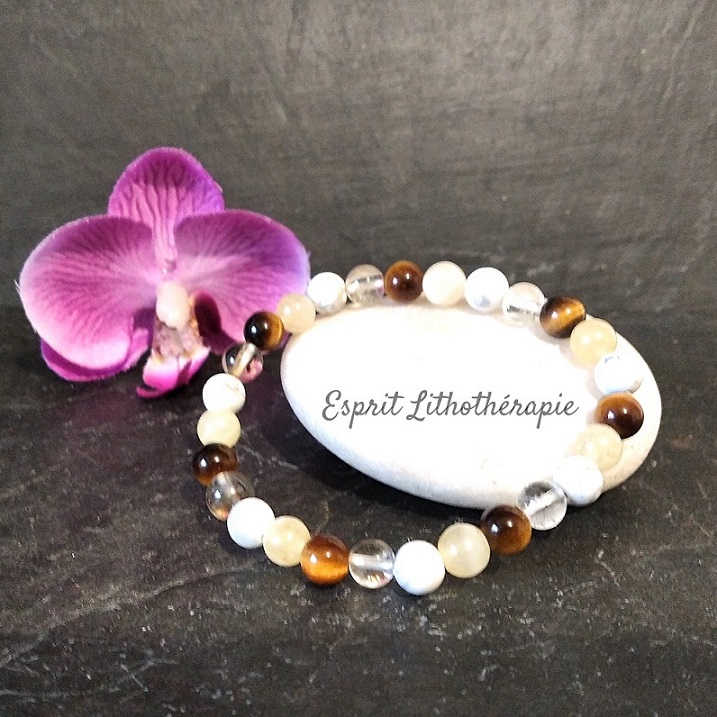 Photo Bracelet Calcite jaune, Citrine, Howlite, Œil de tigre en pierre naturelle, bijou fait main
