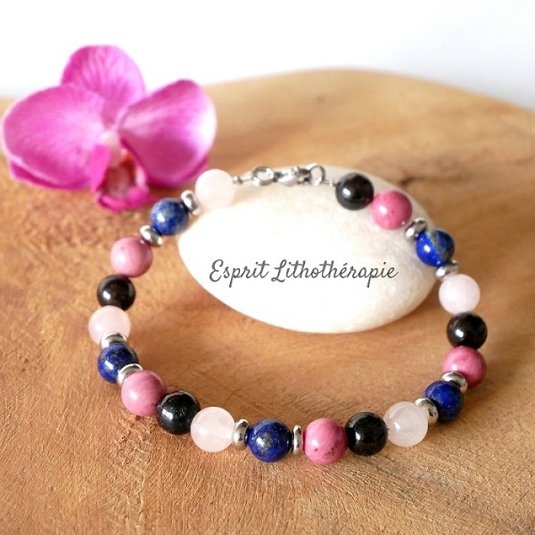 Photo Bracelet Grenat, Lapis lazuli, Quartz rose, Rhodonite en pierre naturelle, bijou fait main