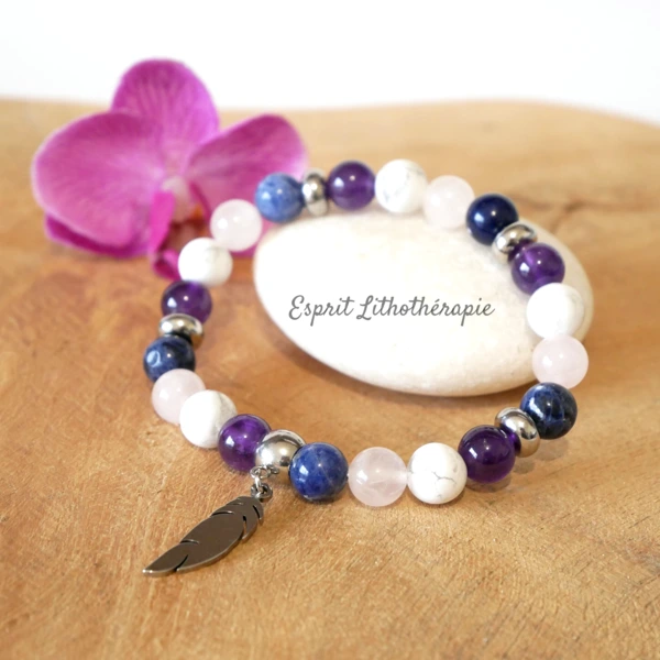 Photo Bracelet Améthyste, Howlite, Quartz rose et Sodalite en pierre naturelle, bijou fait main