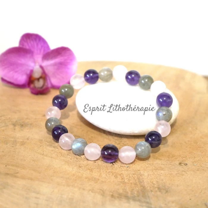 Photo Bracelet Améthyste, Labradorite, Quartz rose en pierre naturelle, bijou fait main