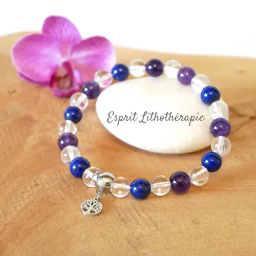 Photo Bracelet Améthyste, Cristal de roche, Lapis Lazuli en pierre naturelle, bijou fait main