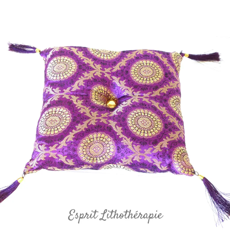 Coussin en soie artisanal violet pour bol chantant 20 cm – Fabrication tibétaine