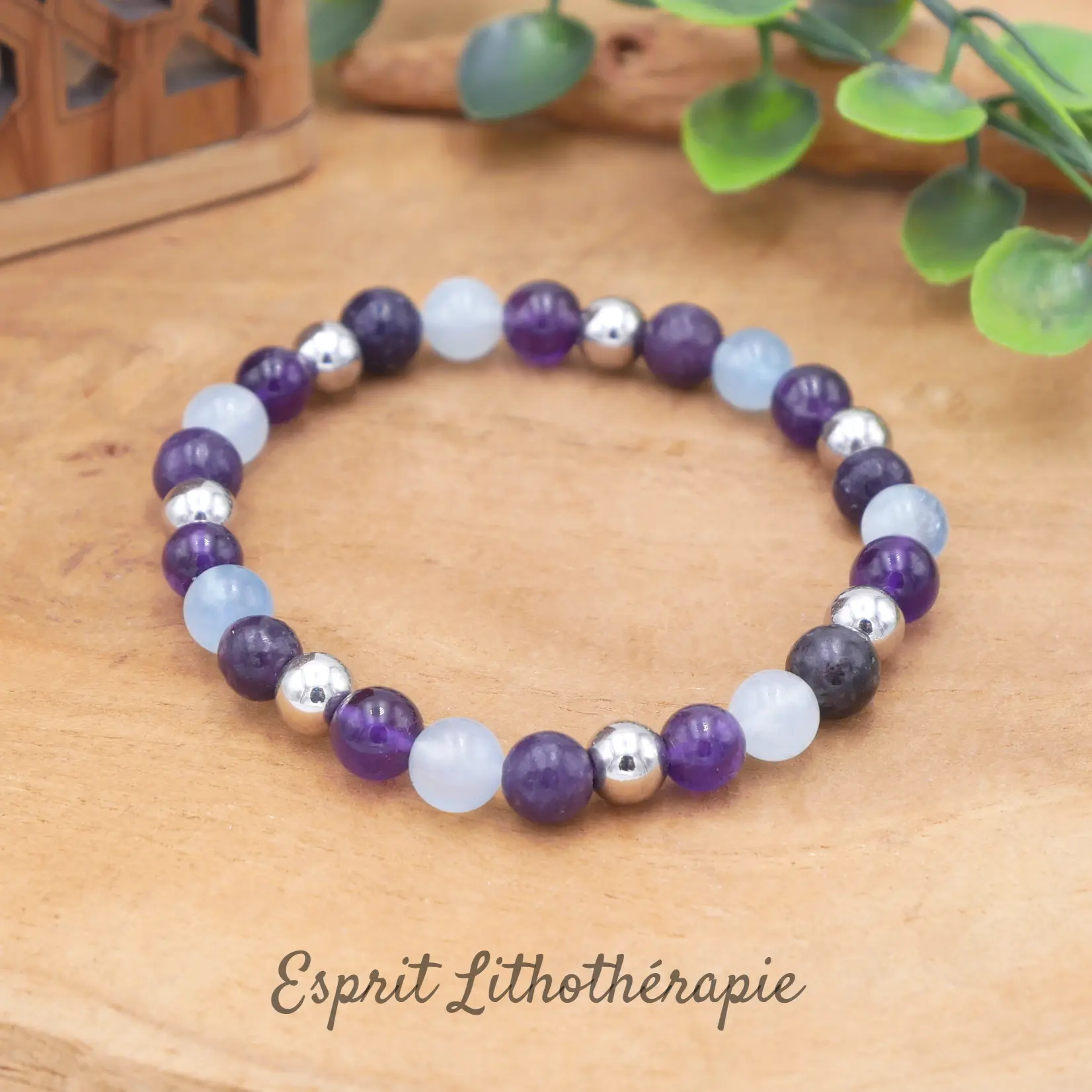 Photo Bracelet Aigue marine, Améthyste, Lépidolite en pierre naturelle, bijou fait main