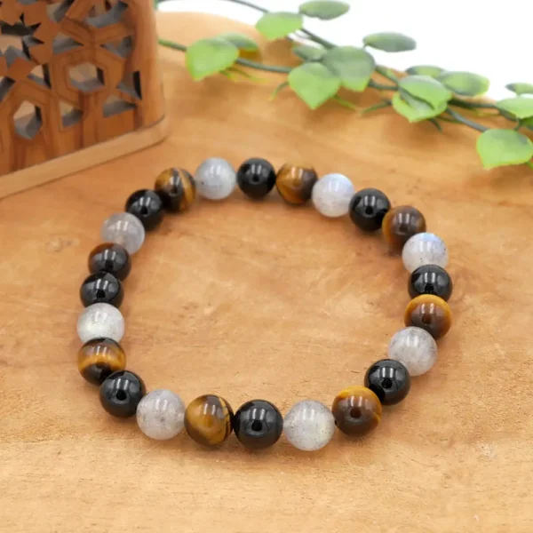 Photo Bracelet Protection: Labradorite, Œil de Tigre & Tourmaline Noire en pierre naturelle, bijou fait main