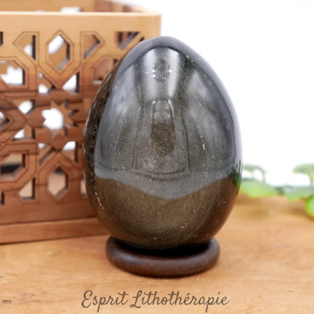 Gros plan d’un œuf en obsidienne dorée poli, pierre naturelle semi-précieuse de qualité AA pour lithothérapie et décoration