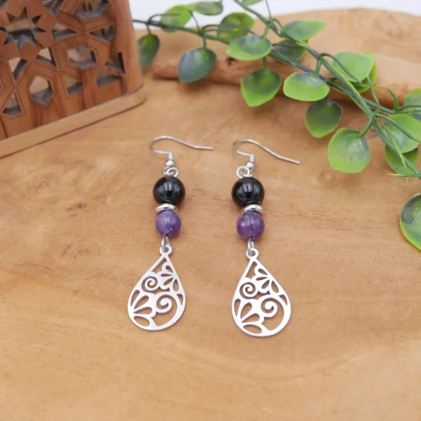 Photo Boucles d'oreilles Lépidolite & Tourmaline en pierre naturelle