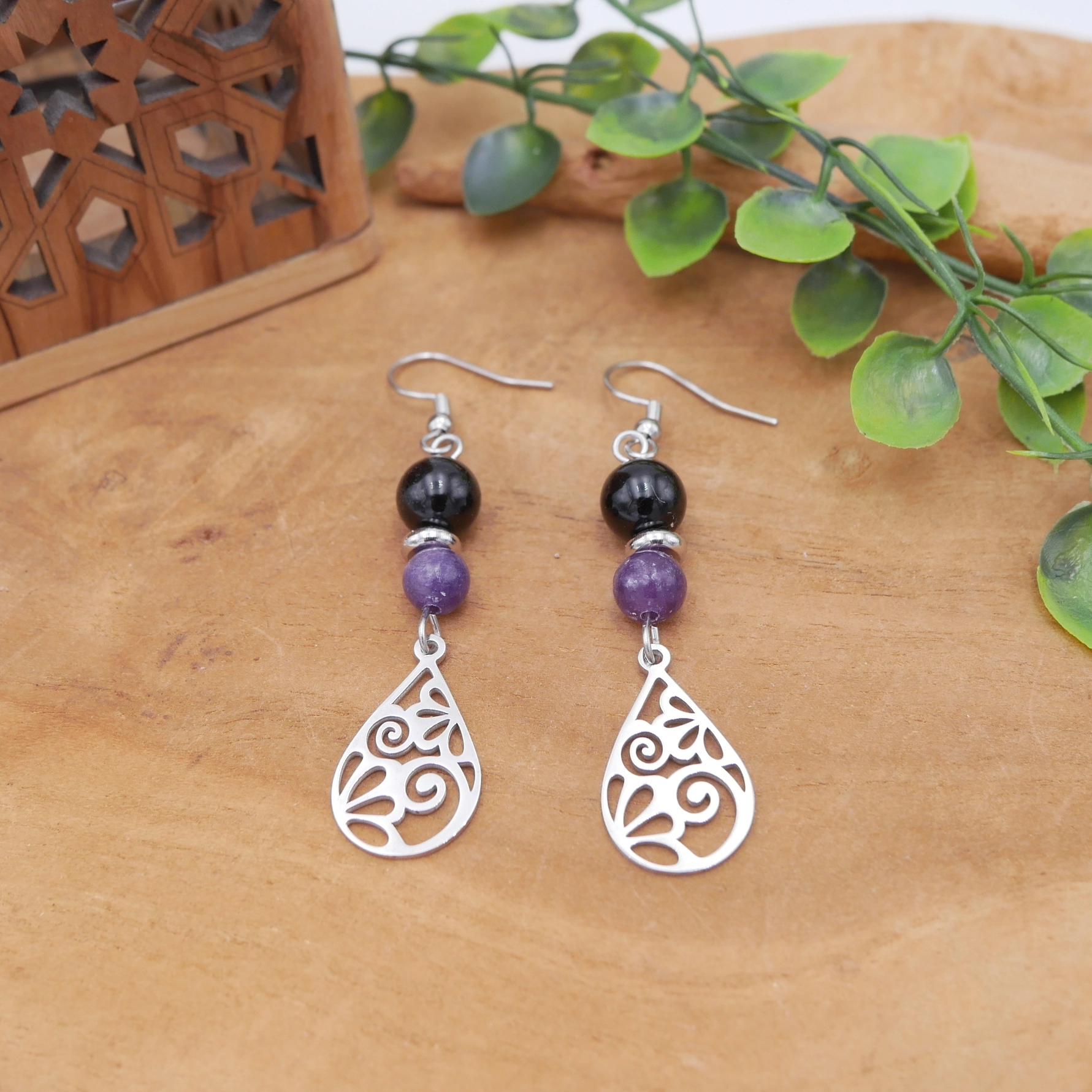 Photo Boucles d'oreilles Lépidolite & Tourmaline en pierre naturelle