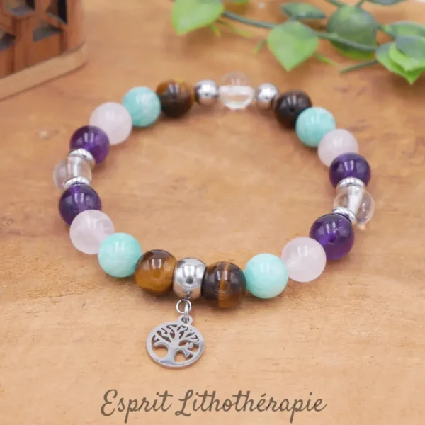 Photo Bracelet Amazonite, Améthyste, Cristal de roche, Œil de tigre, Quartz rose en pierre naturelle, bijou fait main