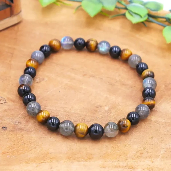 Photo Bracelet Protection Labradorite, Œil de Tigre & Spinelle en pierre naturelle, bijou fait main