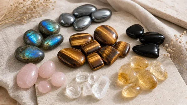 Œil de tigre entouré de labradorite, hématite, obsidienne, citrine, quartz rose et cristal de roche