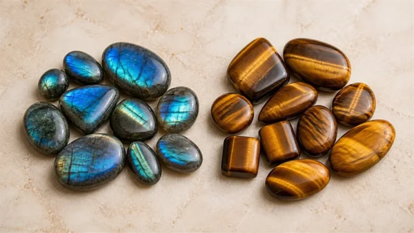 Pierres de labradorite et œil de tigre présentées côte à côte