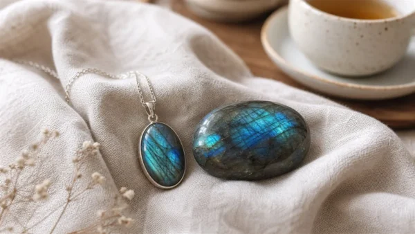 Pendentif et galet de labradorite aux reflets bleus sur tissu clair