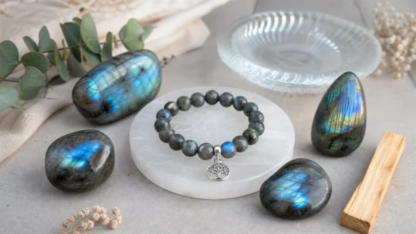 Labradorites avec bracelet, fleur de vie et accessoires de purification