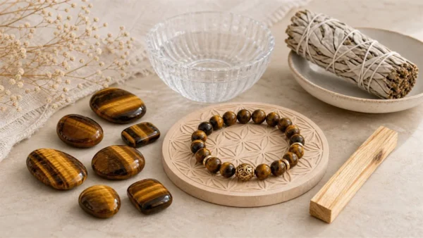 Pierres et bracelet en œil de tigre avec fleur de vie, sauge et palo santo