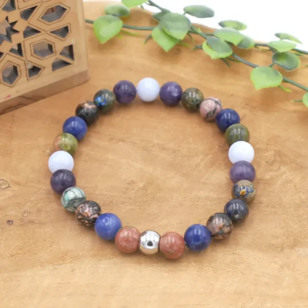 Photo Bracelet Chrysocolle, Calcédoine, Lépidolite, Sodalite, Rhodonite, Unakite en pierre naturelle, bijou fait main