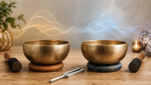 Deux bols chantants avec diapason et ondes sonores pour comparer les fréquences 432 Hz et 440 Hz
