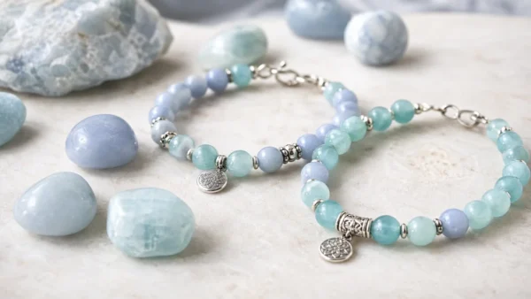 Bracelets en aigue-marine et angelite sur fond clair