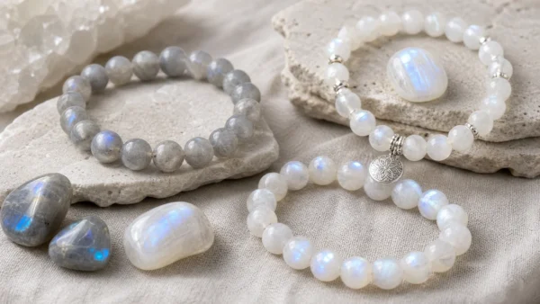 Bracelets en Pierre de lune blanche, grise et multicolore aux reflets nacrés