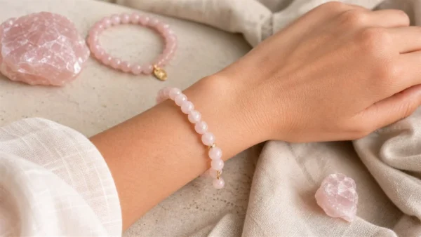 Bracelet en quartz rose naturel porte au poignet dans une ambiance claire