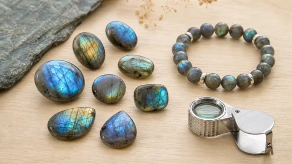 Pierres et bracelet en labradorite avec loupe de bijoutier pour choisir une pierre naturelle