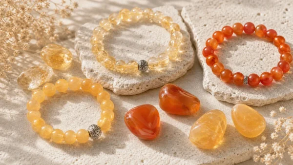 Bracelets citrine cornaline et calcite jaune sur fond clair