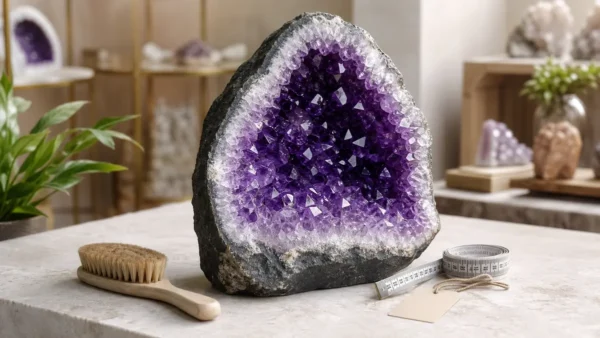Géode d’améthyste naturelle avec accessoires d’entretien