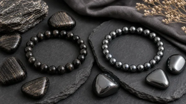 Hypersthène et Hématite avec bracelets et pierres naturelles sombres