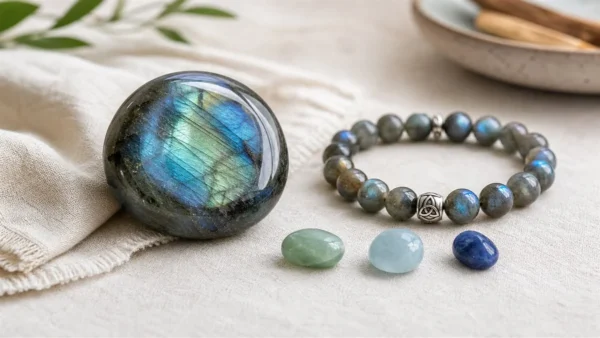 Labradorite avec bracelet et pierres associées au coeur, à la gorge et au troisième oeil