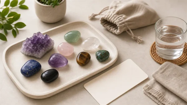 Pierres naturelles et bracelet pour composer un rituel de lithothérapie féminine