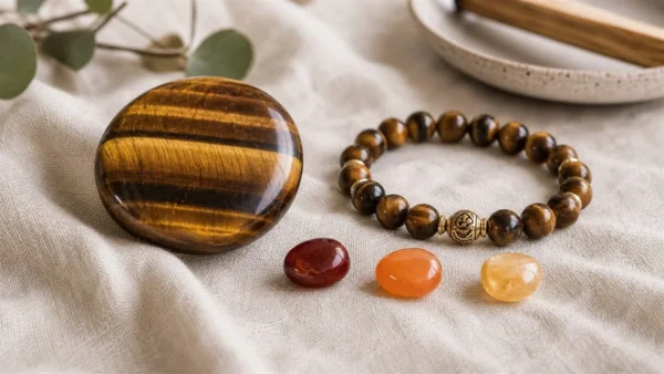 Œil de tigre avec bracelet et pierres associées aux chakras racine, sacré et plexus solaire