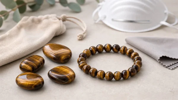 Bracelet et pierres œil de tigre avec chiffon, pochette et masque de protection en arrière-plan