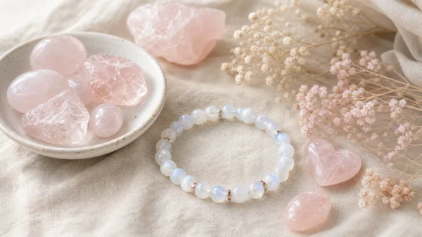 Pierre de lune quartz rose et morganite sur linge clair